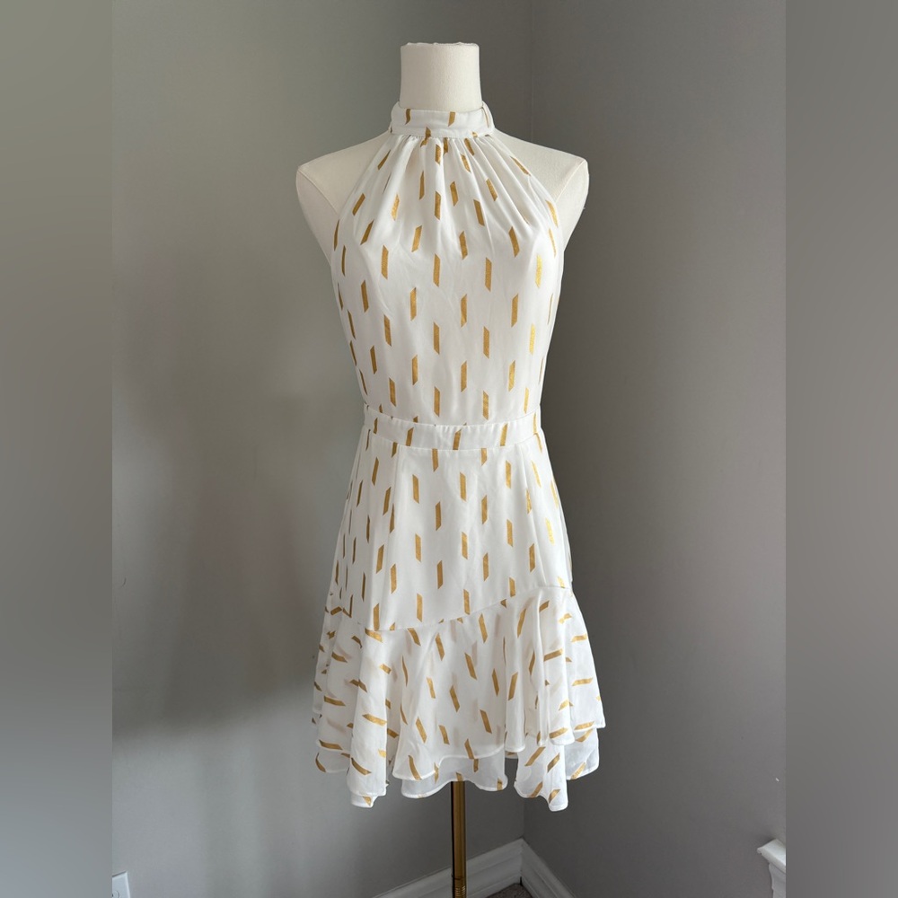 Yumi Kim White & Gold Foil Halter Mini Dress Tiered M
